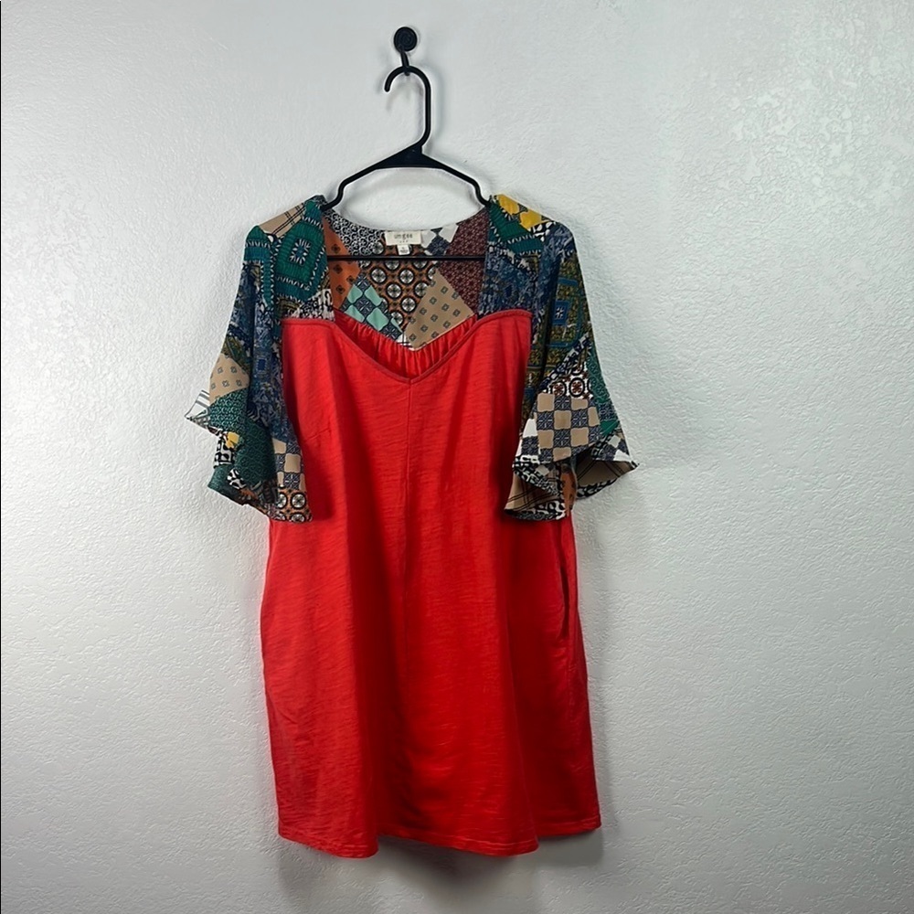 Umgee Orange/Red and Multi Color Flutter Sleeve Tunic/Dress sz L Bohemian TC0562